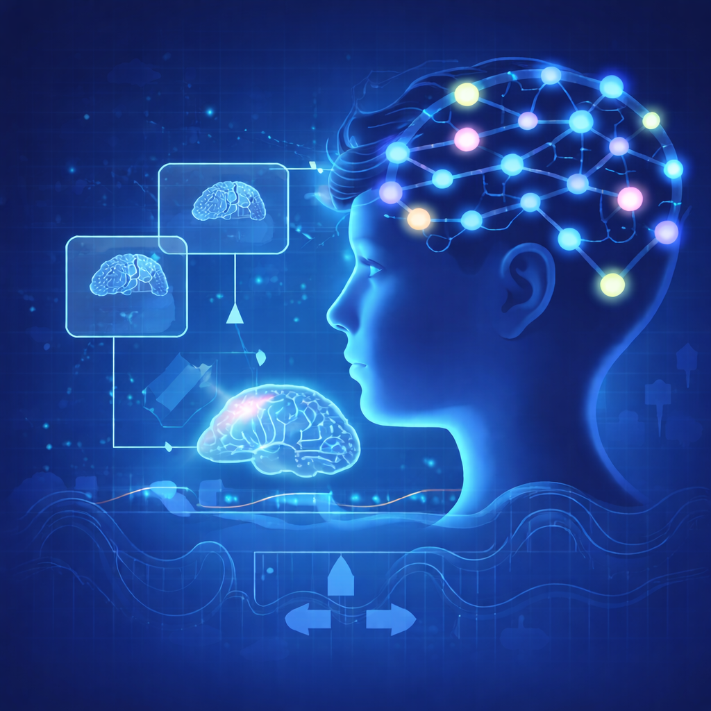 Stylized brain illustration showing distributed neural activation patterns used for longitudinal neuroimaging of language development