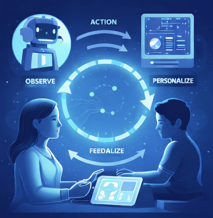 Illustration of a feedback loop between clinician, child, and artificial intelligence representing reinforcement learning for personalized speech-language therapy